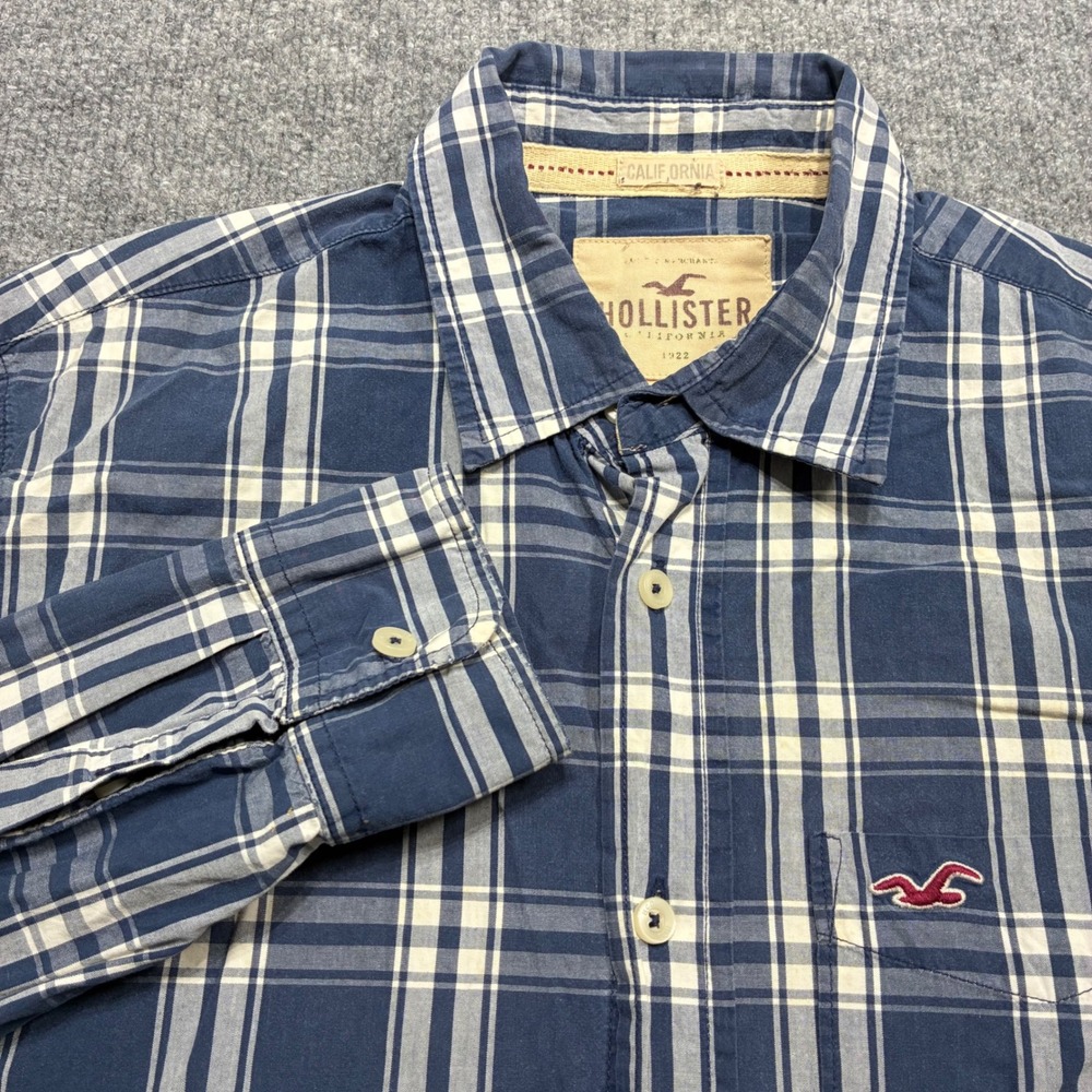 Hollister Epic Flex Shirt Mens‎ L Blue White Plaid Long Sleeve